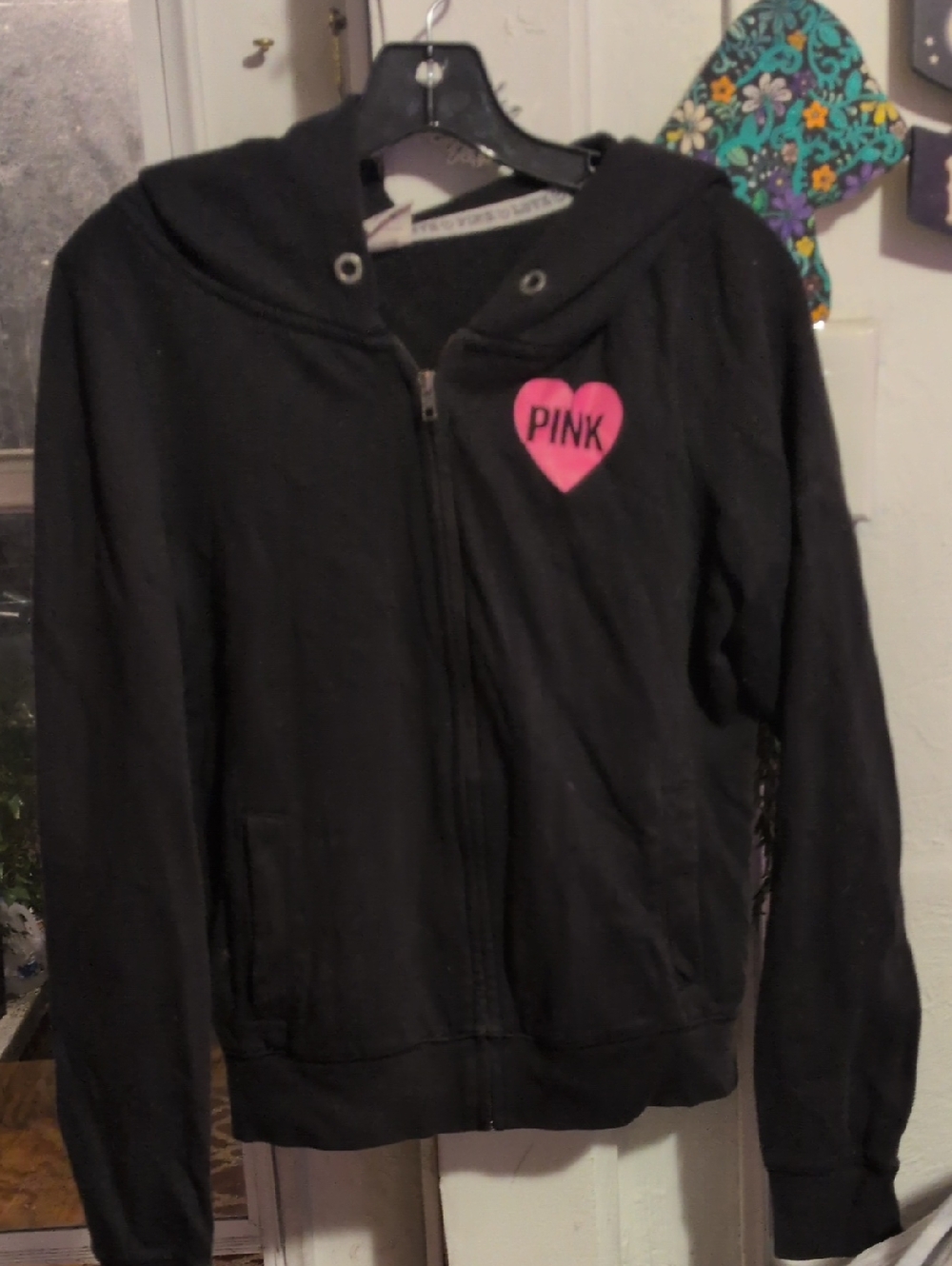 PINK Victoria's Secret Black Zip Hoodie with Pink Heart Logo